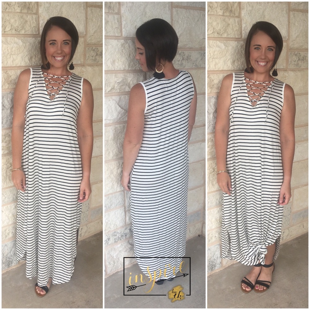 Lace Up Striped Maxi Dress